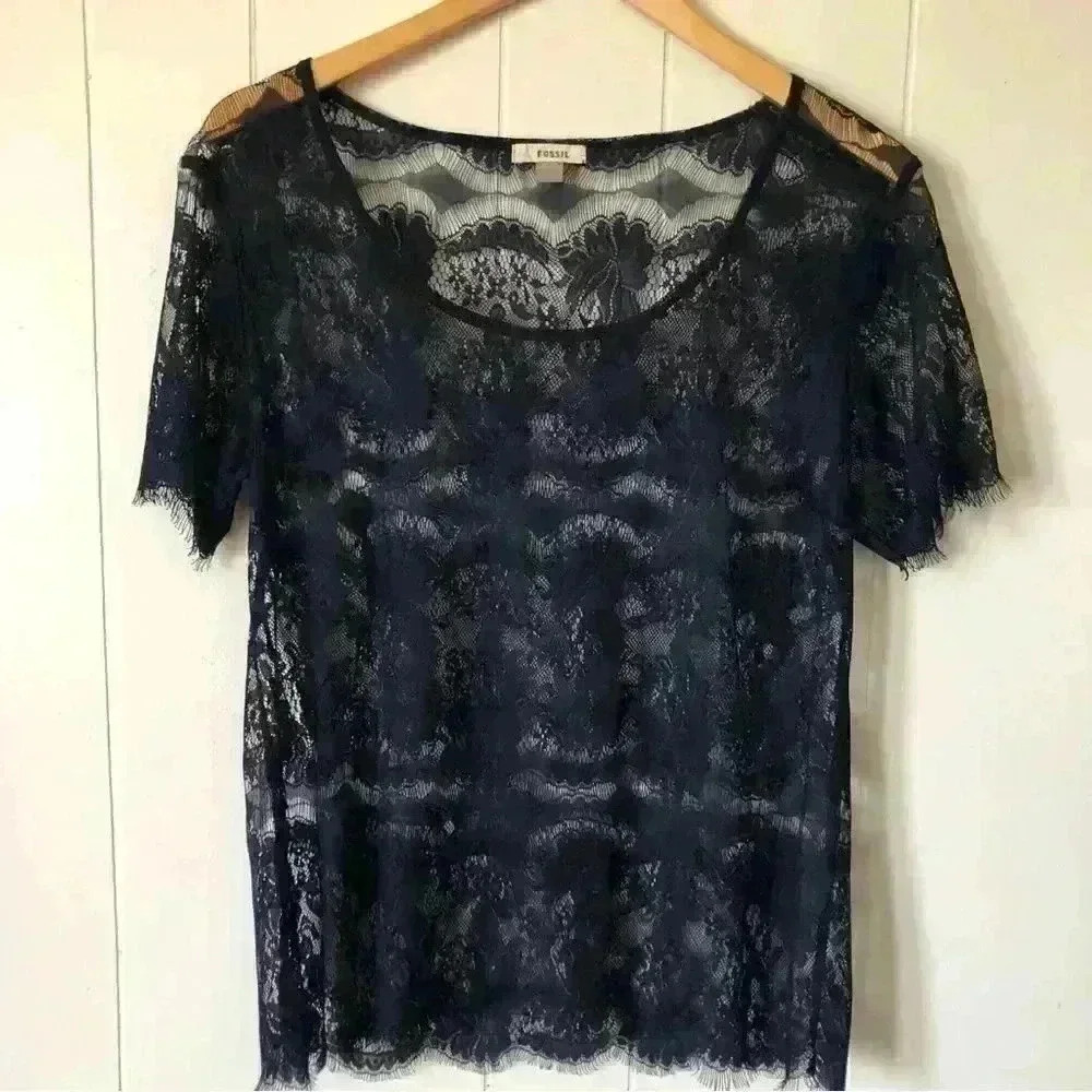 Fossil Short Sleeve Sheer Lace Navy Blue Top Blouse Size XS